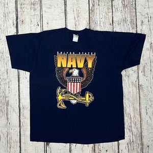 Vintage Y2K United States Navy Military Blue Bald Eagle Mens Tshirt
